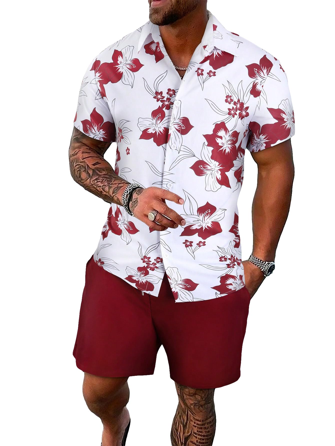 GORGLITTER Men's Vacation Beach Cruise Summer Outfits 2 Piece Shorts Set Hawaiian Button Down Shirt and Shorts Red and White X-Large