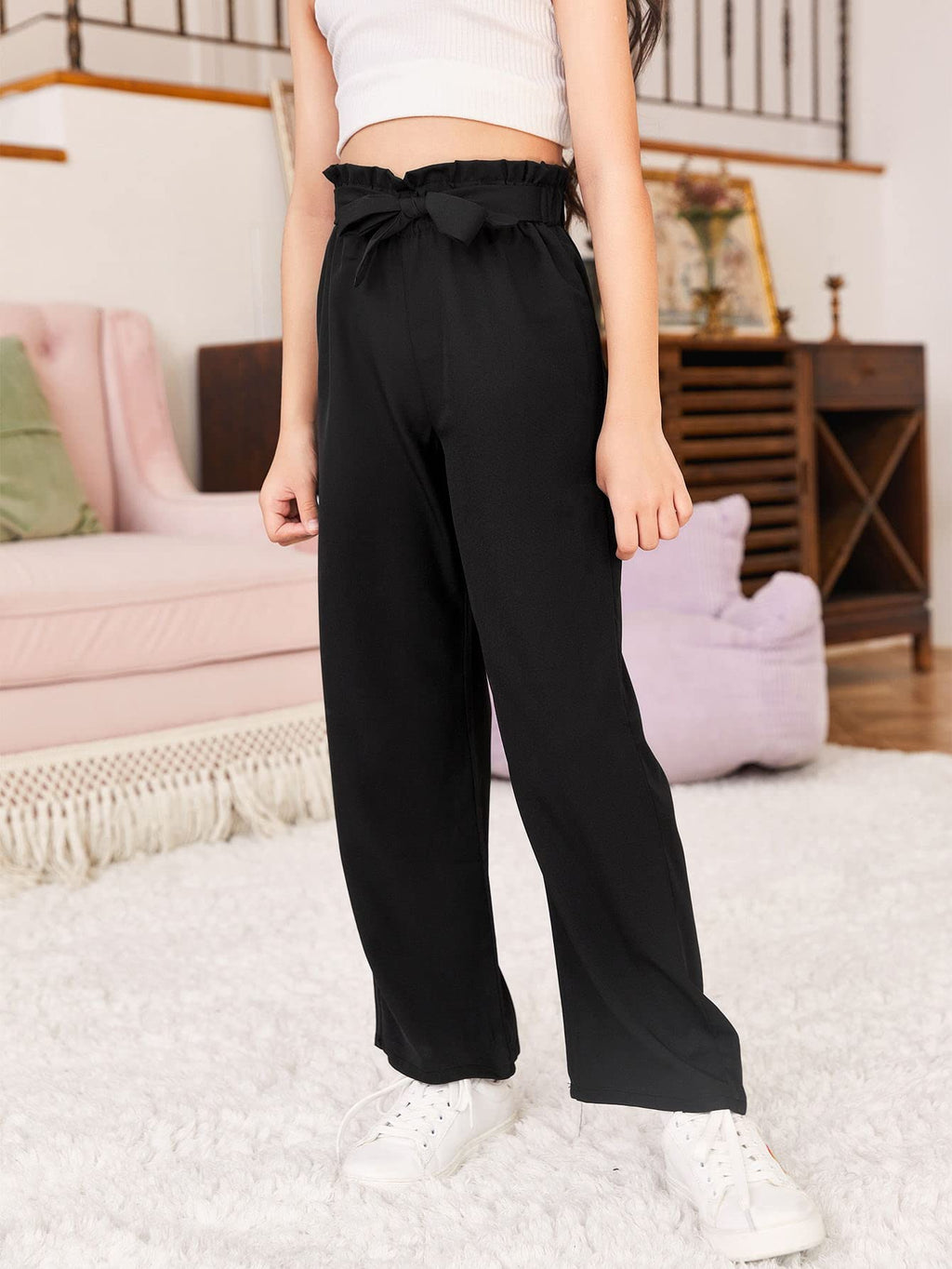 WDIRARA Girl's Paper Bag Waist Belted Wide Leg Pants Casual Elastic High Waist Pants Black 15Y