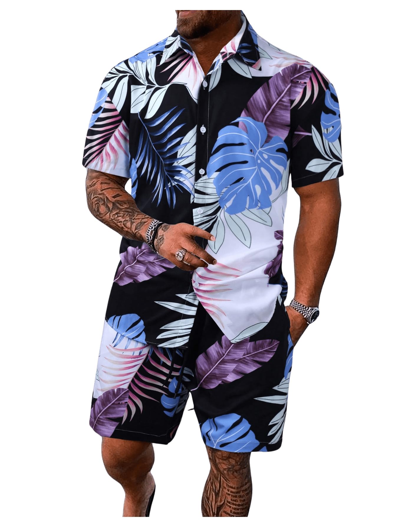 GORGLITTER Men's Vacation Beach Cruise Summer Outfits 2 Piece Shorts Set Hawaiian Button Down Shirt and Shorts Blue and Black Medium