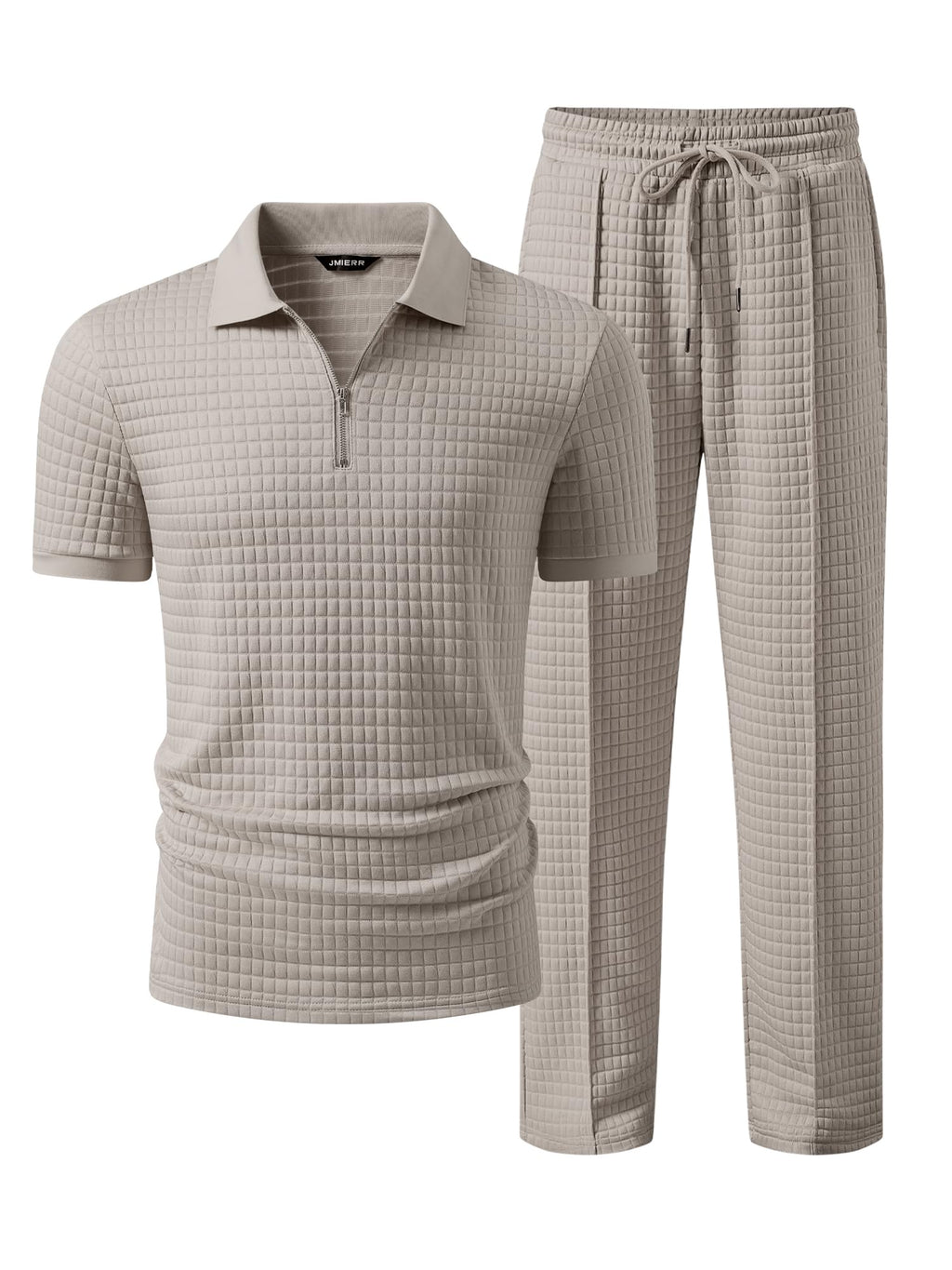 JMIERR Mens Summer Outfits Short Sets 2 Piece Outfits Waffle Textured Quater Zip Polo Shirts Casual Loose Beach Pant Vacation Old Money Cothes, S, Khaki