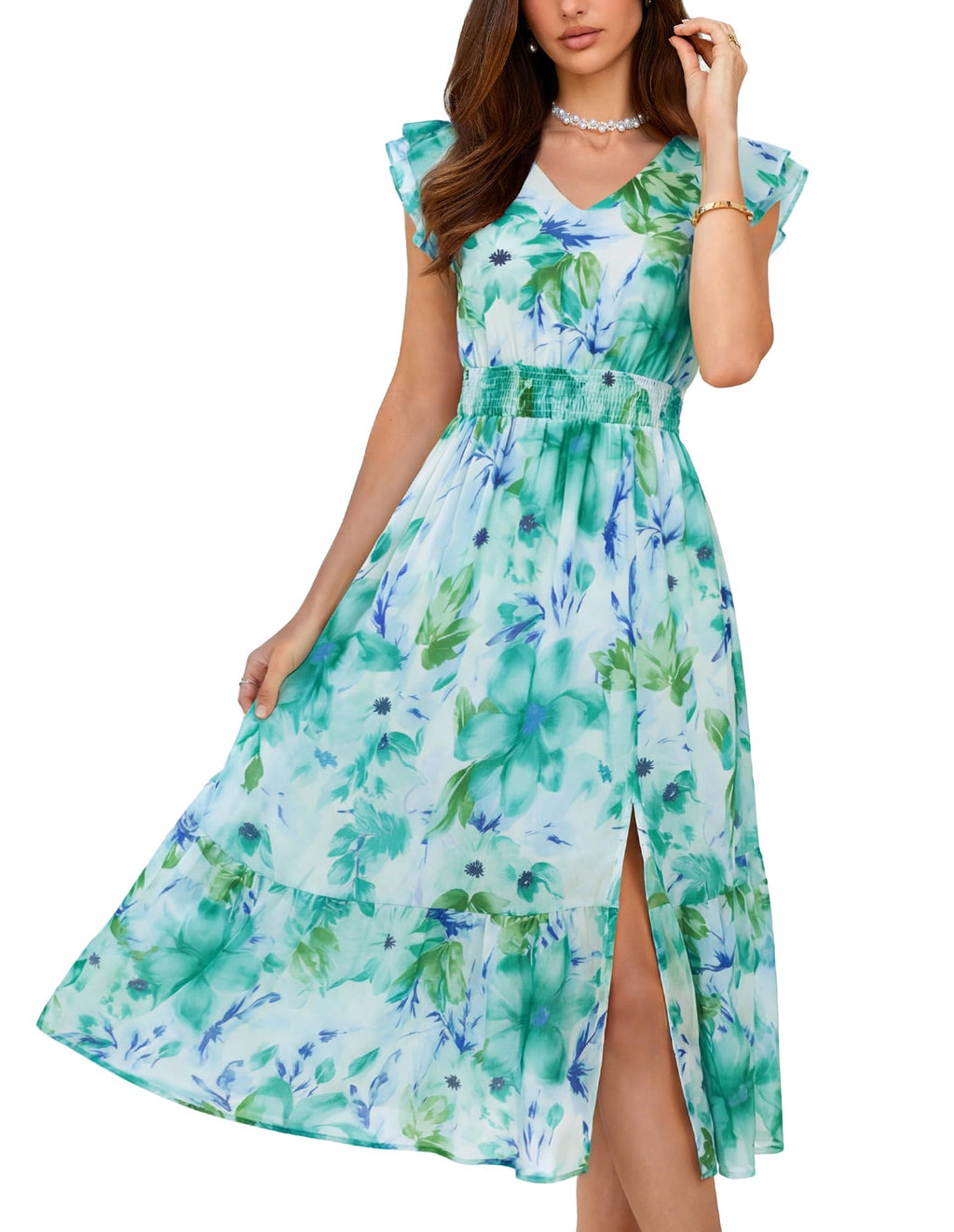 GRACE KARIN 2026 Womens Summer Dresses V Neck Ruffle Sleeve Floral Boho Beach A-Line Dress Green-Floral Print X-Large