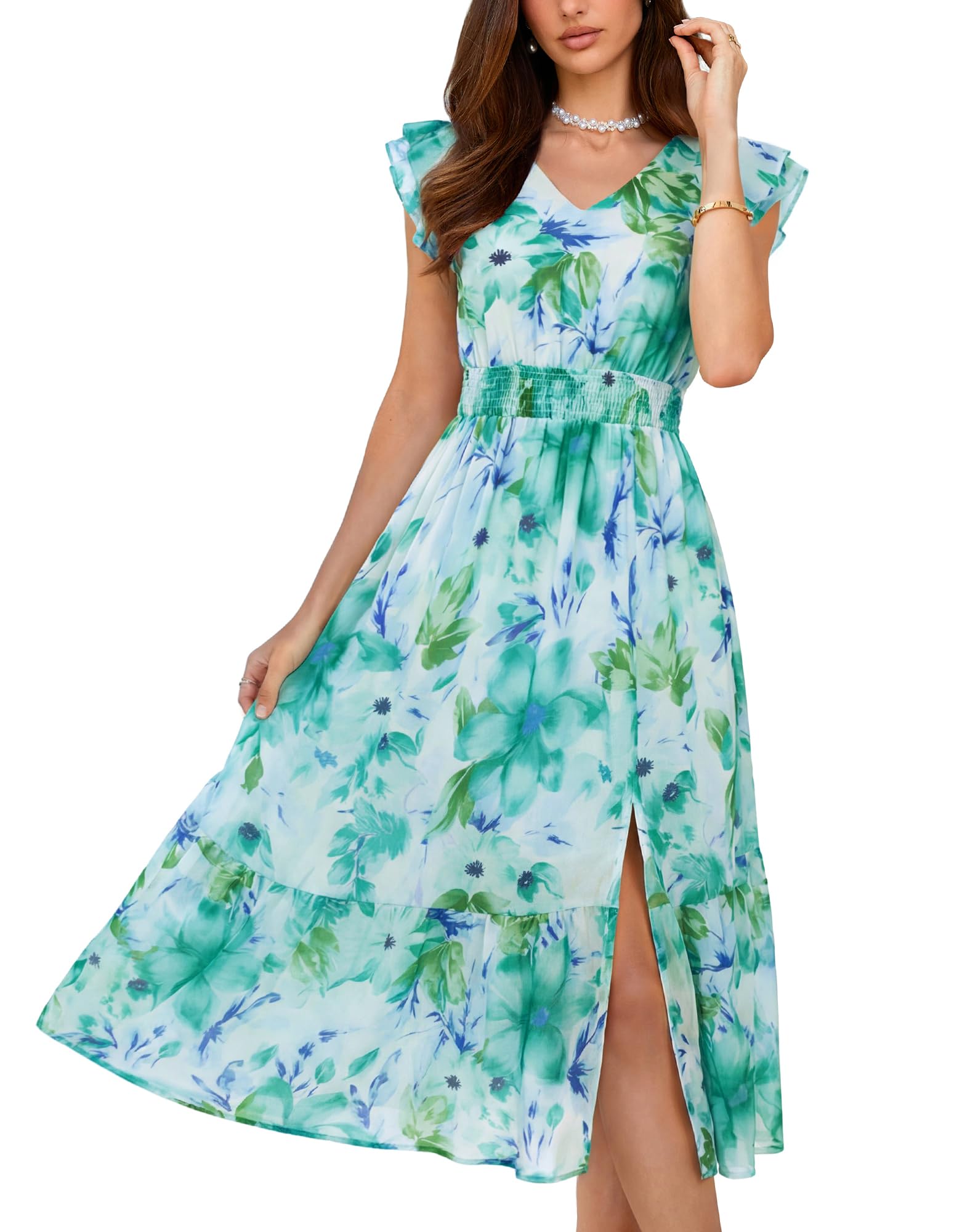 GRACE KARIN 2026 Womens Summer Dresses V Neck Ruffle Sleeve Floral Boho Beach A-Line Dress Green-Floral Print X-Large