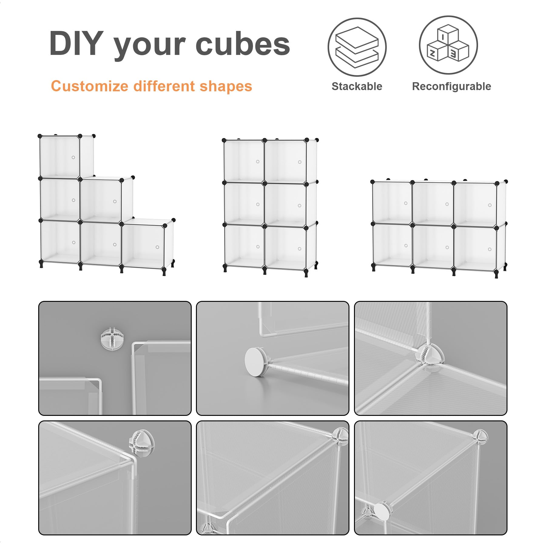 ATTDETJL Cube Storage Organizer, 6-Cube Shelves Unit with Doors, DIY Stackable Plastic Clothes Organizer for Bedroom and Under Stairs Storage Unit, Each Compartment 30 x 30 x 30 cm White ATTSL6002