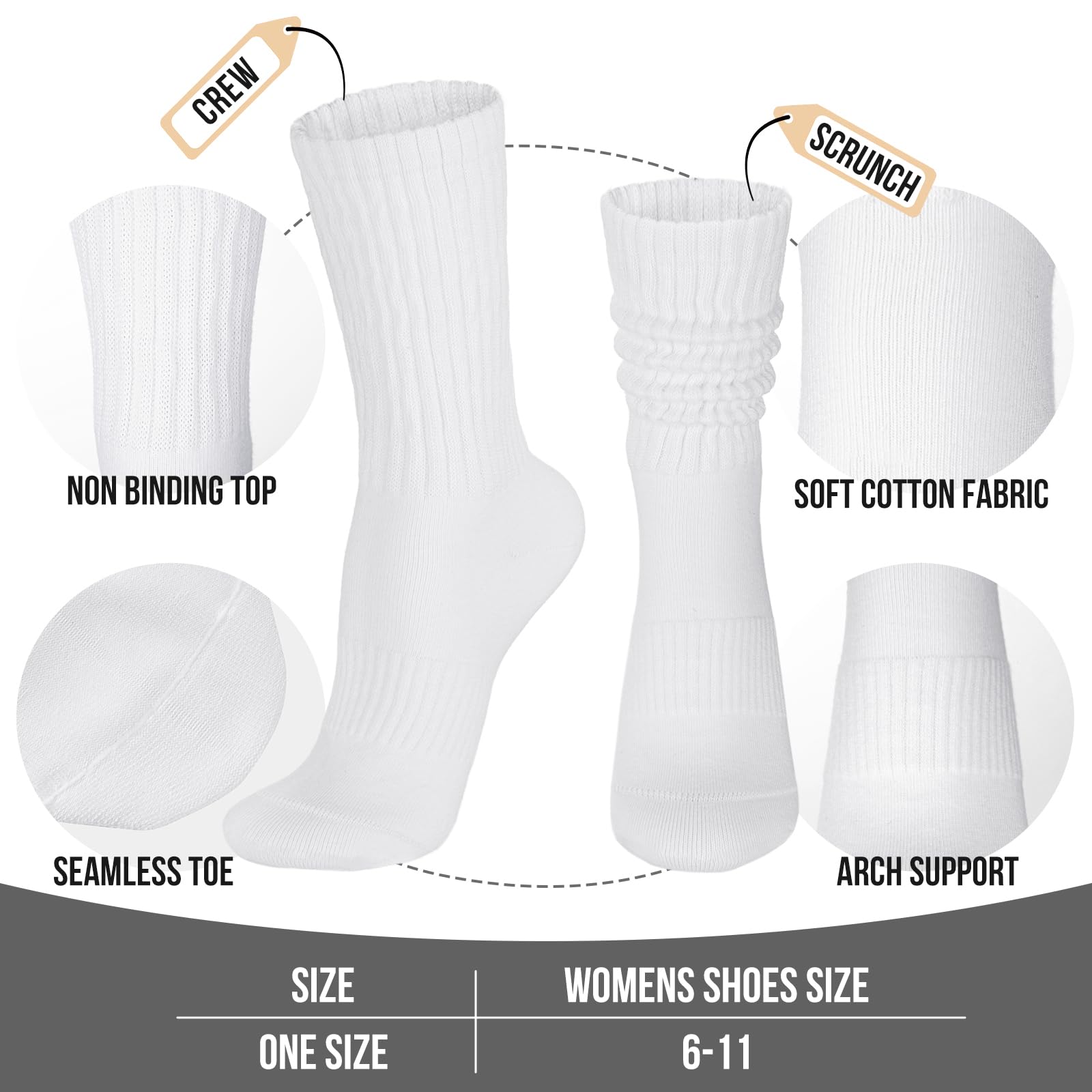 COZYOFFI Womens Scrunch Crew Socks: Retro Solid Slouch Mid Calf Socks - Cotton Casual Athletic Socks White