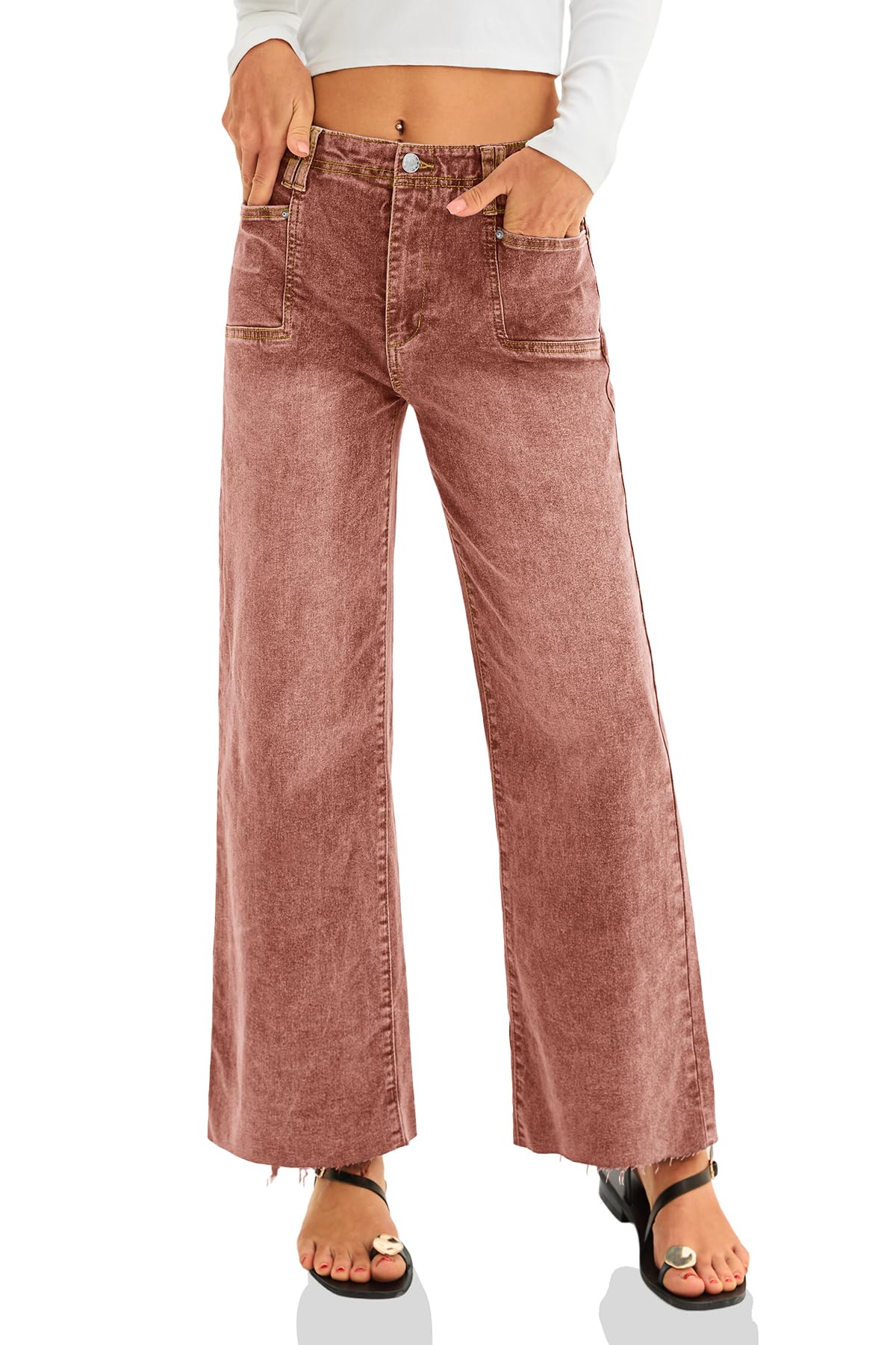 Cicy Bell Womens High Waisted Cropped Jeans Trendy Stretchy Baggy Straight Leg Raw Hem Capri Denim Pants Brown