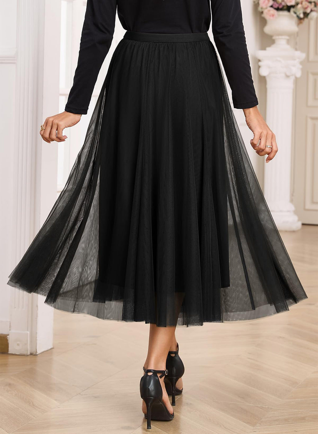 Happy Sailed Black Skirt for Women Elastic High Waisted A-Line Tulle Skirt Pleated Flowy Long Skirts Date Night Outfit Womens Clothes Black XL