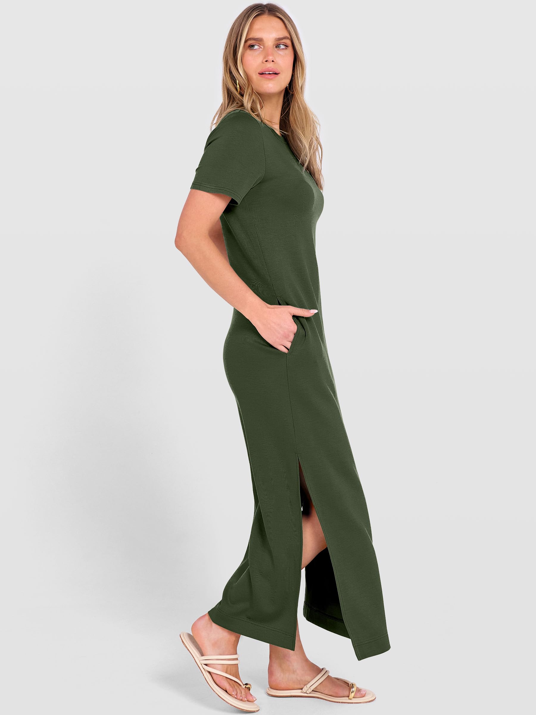 ANRABESS Womens Summer Casual Maxi Dress Short Sleeve Crewneck Split Wrinkle-Free Travel Long Sundress Beach Vacation Clothes Army Green Large