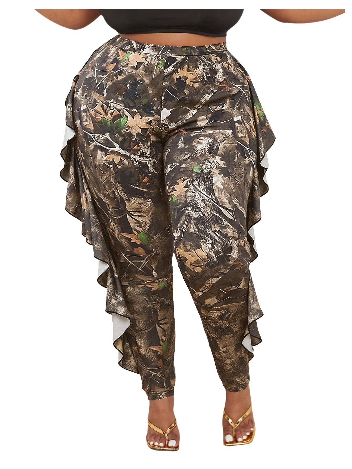 WDIRARA Women's Plus Size Ruffle Camo Print Pants Elastic High Waisted Leggings Skinny Pants Green Camo 4X-Large Plus