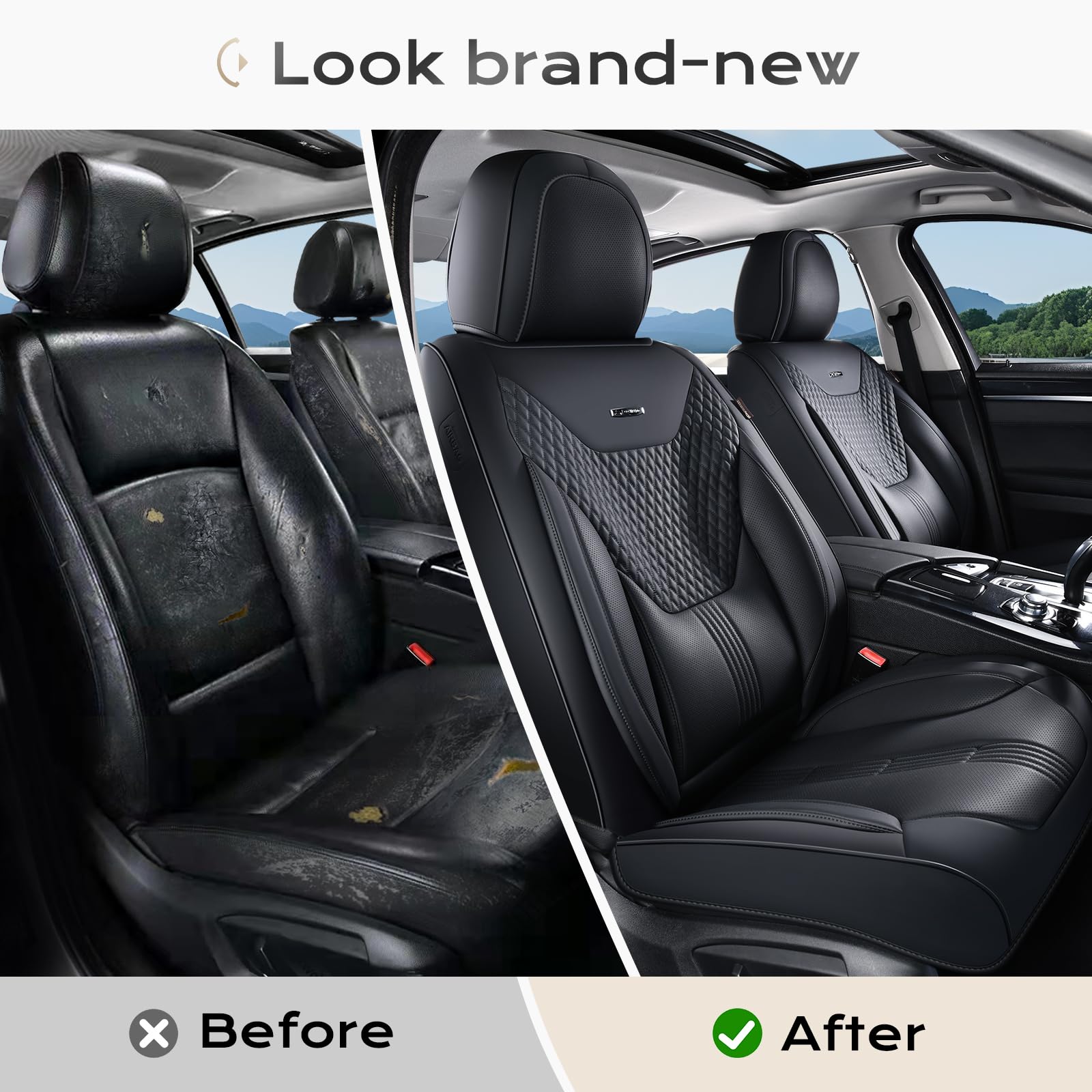 Coverado Car Seat Covers Full Set, Front Seat Covers with Lumbar Support and Back Seat Cover Waterproof Leather Automotive Seat Cover, Universal Car Interior Protectors Cushion for Most Cars