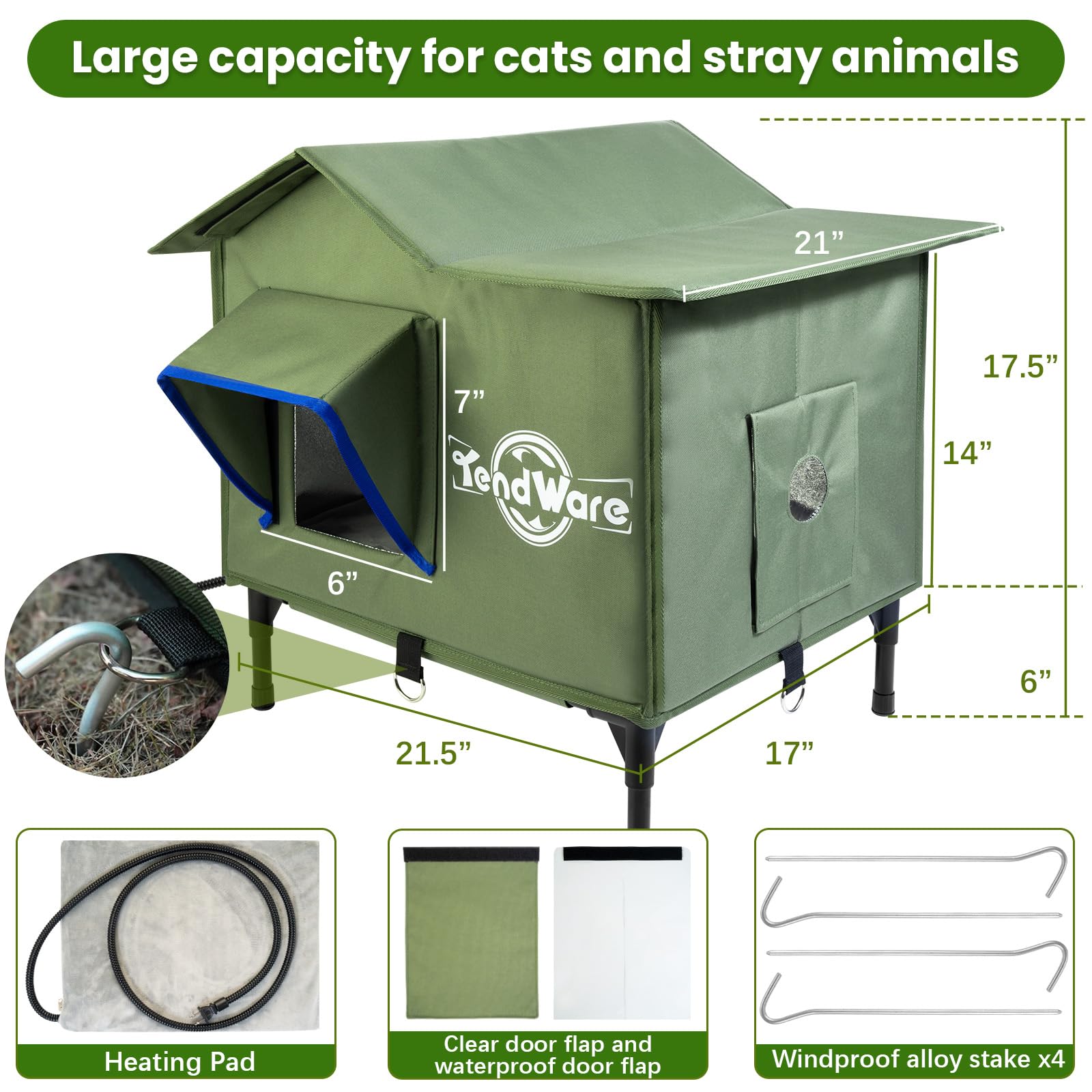 TENDWARE Outdoor Cat House Heated Cat House for Outside with Elevated Base Cat-Attracting Eave Design Feral Stray Shelter Weatherproof in Winter Garage Yard Porch