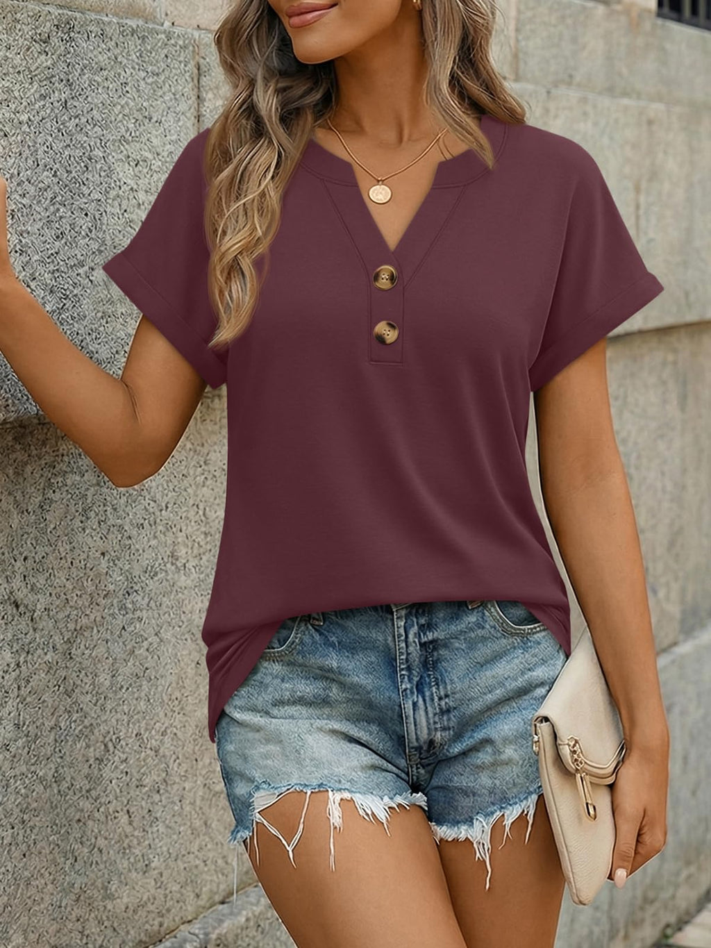 AUTOMET Womens Spring Tops 2026 Short Sleeve Shirts Henley Dressy Casual Blouses V Neck Fashion Tunics Trendy Flowy Clothing Burgundy L
