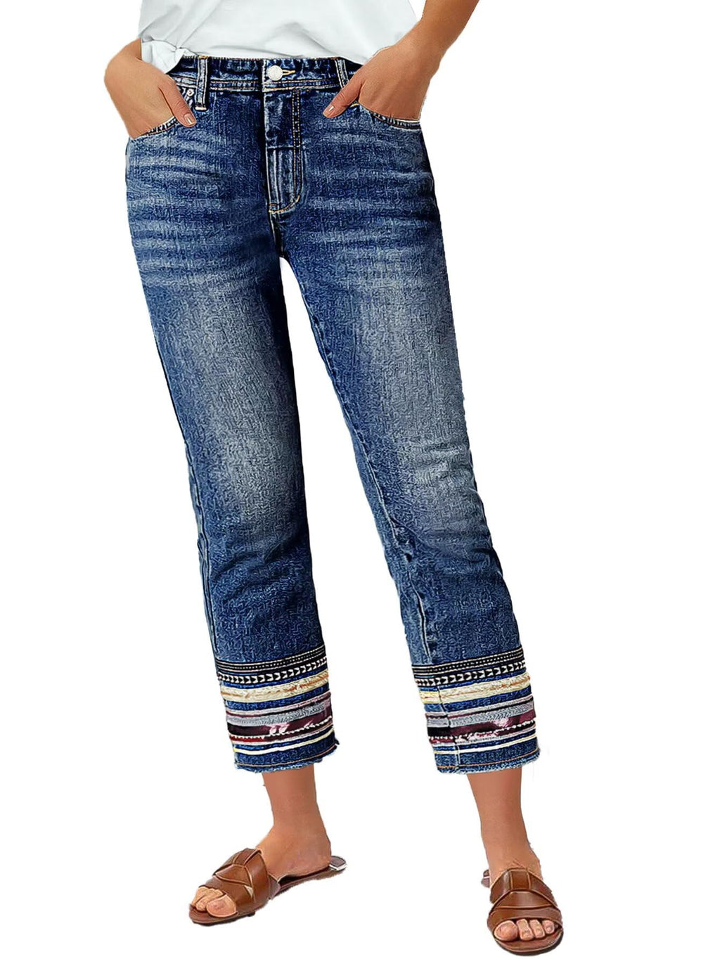 Flamingals Straight Leg Cropped Jeans for Women Trendy Mid Rise Stretchy Tribal Embroidery Raw Hem Ankle Jeans Mid Blue Wash L