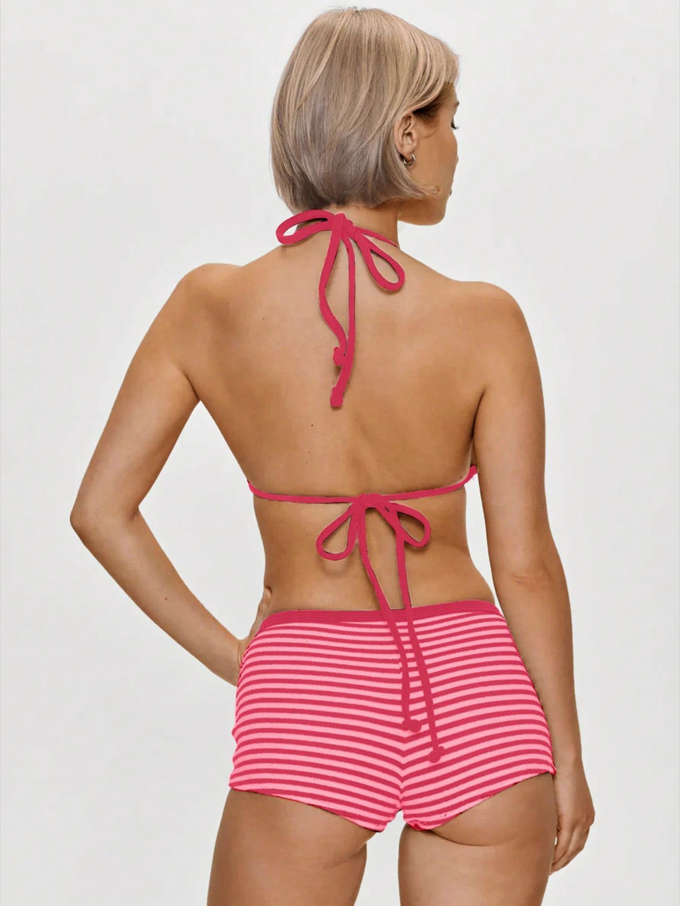 WDIRARA Women's Striped Halter Bikini Set Tie Back Triangle 2 Piece Swimsuit with Boyshorts Pink Medium