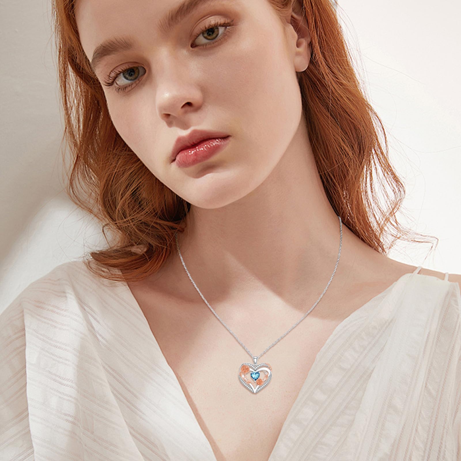 OKROKTOT Blue Topaz Necklace for Women Heart December Birthstone Pendant Rose Heart Jewelry Birthday Anniversary Christmas Mother's Day Jewelry Gift for Mom Wife Sister Daughter Girlfriend