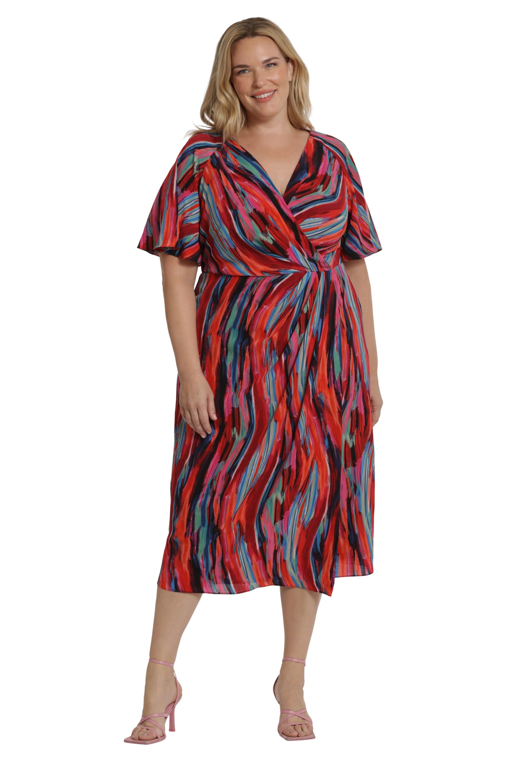 Maggy London Women's Dresses Short Flutter Sleeve Faux Wrap Midi Dress