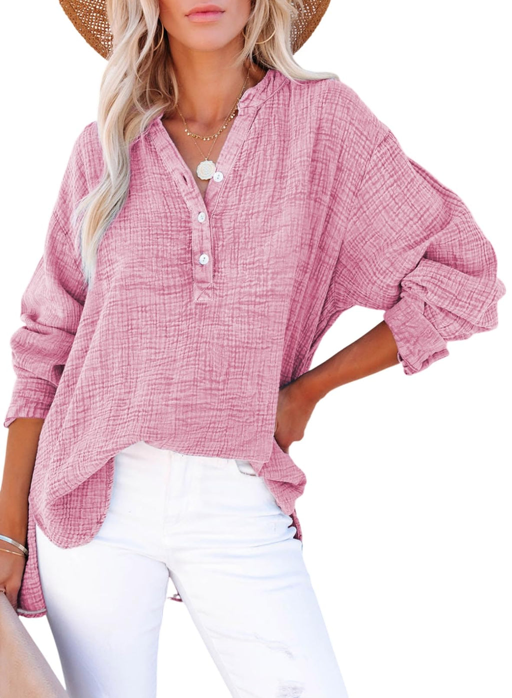 Dokotoo Womens Fashion 2026 Summer Clothes Button V Neck Long Sleeve Shirts Cotton Office Workout Pullover Blouses Tops Resort Wear for Women Tops Dressy Casual Large Pink