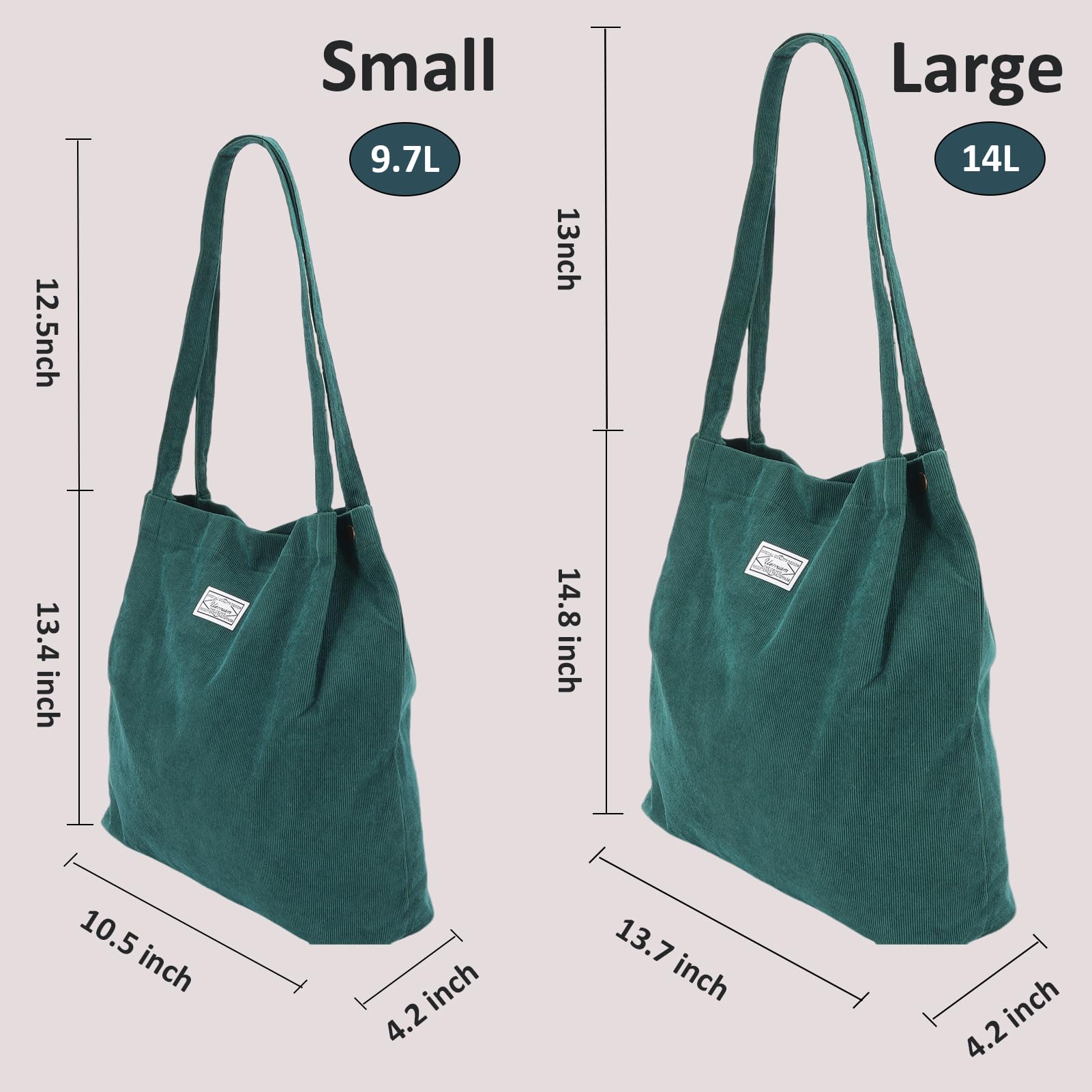 UERRUAM Corduroy Tote Bag for Women with Inner Pockets,Cute Go-to Bag for Everyday,Work,Lightweight,Washable,Portable,S,Green