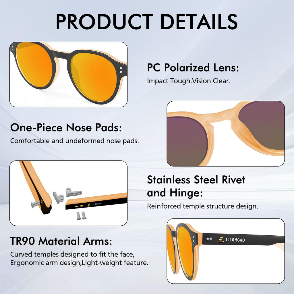 LILONGAD PC-Polarized Sunglasses for Men & Women – UV400, Anti scratch polarized sunglasses, Lightweight TR90 Frame for Driving & Outdoor Use (Orange/Red Revo)