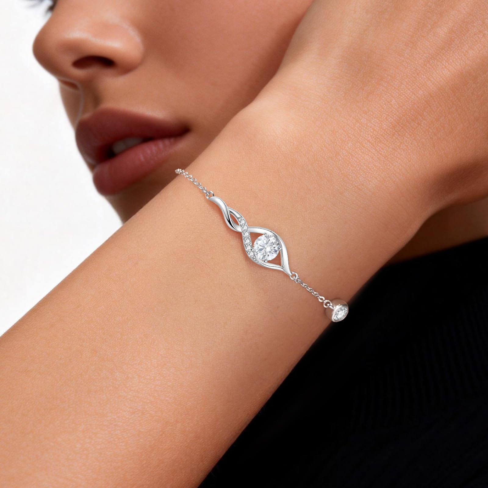 ANDSO Moissanite Infinity Bracelets for Women, 18K Gold Plated/ Rhodium Plating Bracelet, Adjustable Anniversary Birthday Mothers Day Christmas Valentines Jewelry Gifts for Wife Her Mom (White Gold Plating Round)