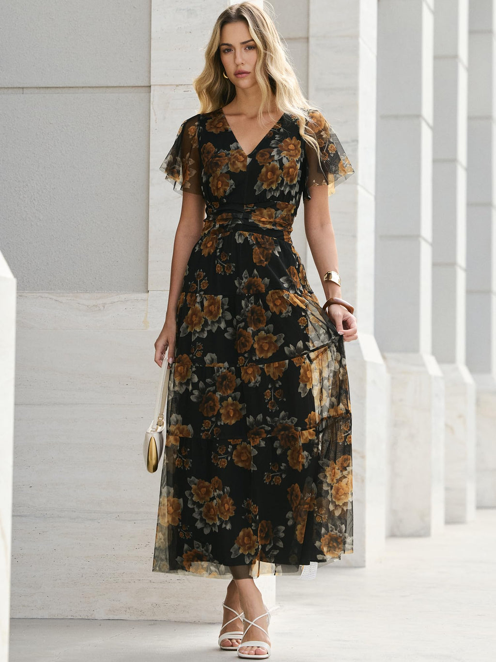 ANRABESS Womens Summer Floral Maxi Dress Short Sleeve Flowy Tulle Wedding Guest Beach Vacation 2026 Spring Party Long Dresses Floral Black Yellow Large