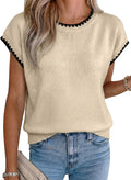 Acelitt Women's Contrast Ruffle Trim Knit Top Crew Neck Cap Sleeve Lightweight Sweater Vest Casual Loose Fit Pullover Blouse for Summer Office Daily Beige Medium