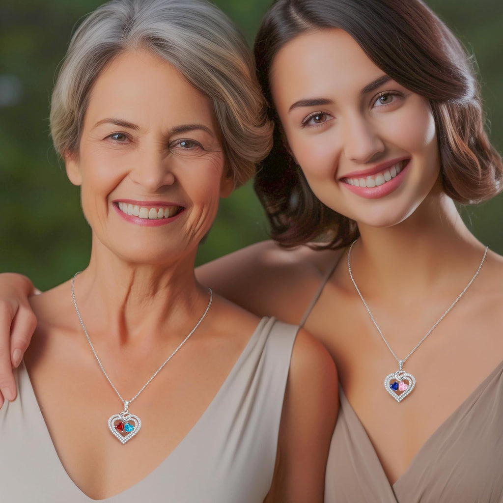 LOUISA SECRET Sparkling Double Heart Birthstone Necklace, 925 Sterling Silver, Adjustable 18in, for Women, Ideal Gift for Wife, Mom, Girlfriend