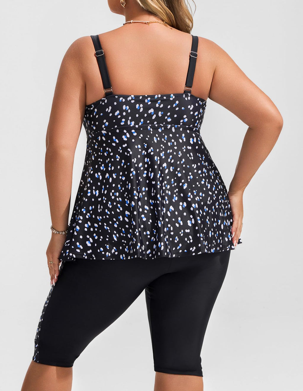 Hanna Nikole Womens Tankini Swimsuit Two Piece Tummu Control Bathing Suit Full Coverage Swimwear with Capris Shorts Blue＆White Dots XXL