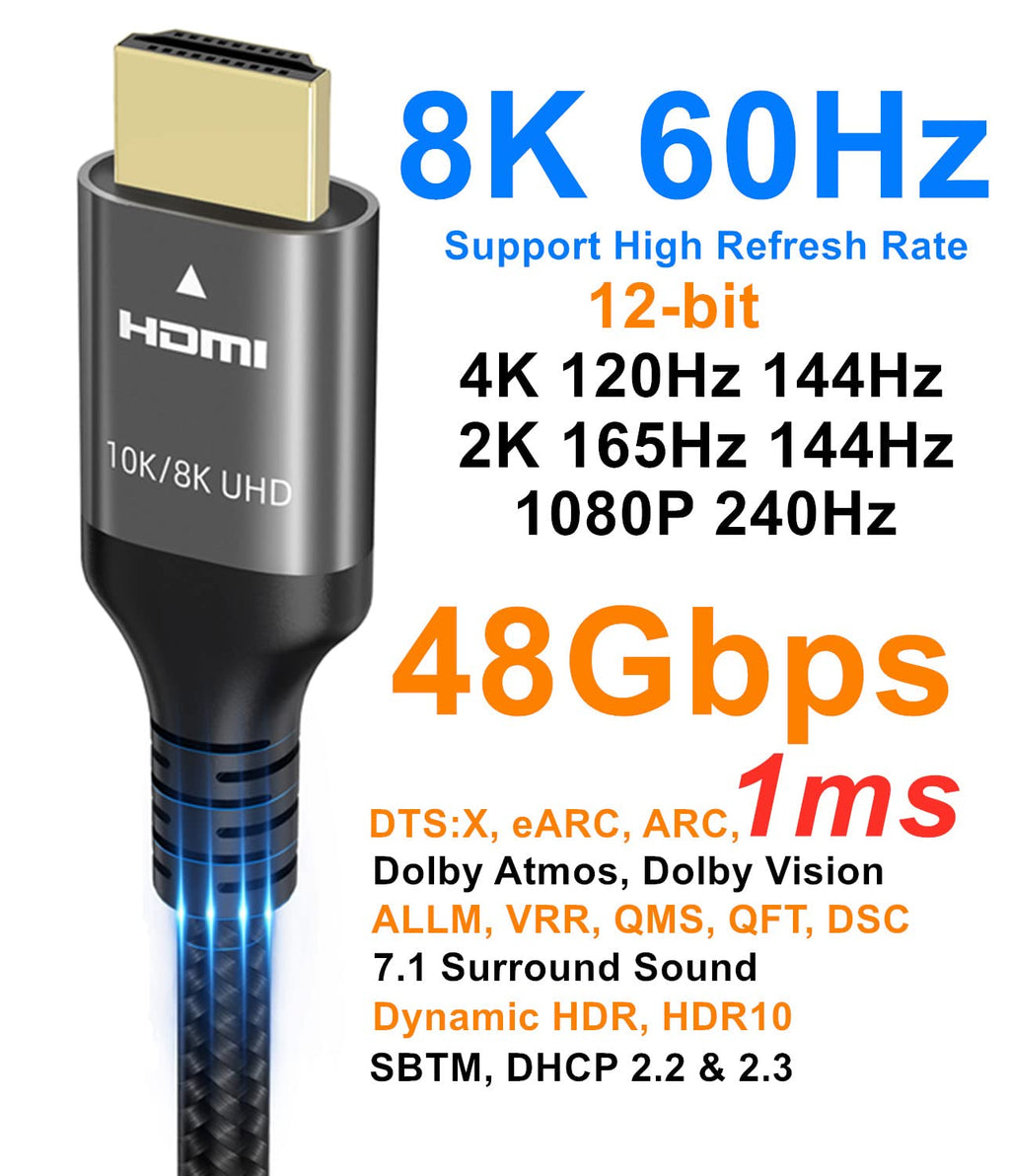 Ubluker 10K 8K 4K HDMI Cable 48Gbps 5 FT, Certified Ultra High Speed HDMI® Cable 4K 240Hz 144Hz 120Hz 8K60Hz 0.01ms HDR10+ eARC HDCP2.3 Netflix Roku TV PC Monitor Projector PS5 Xbox