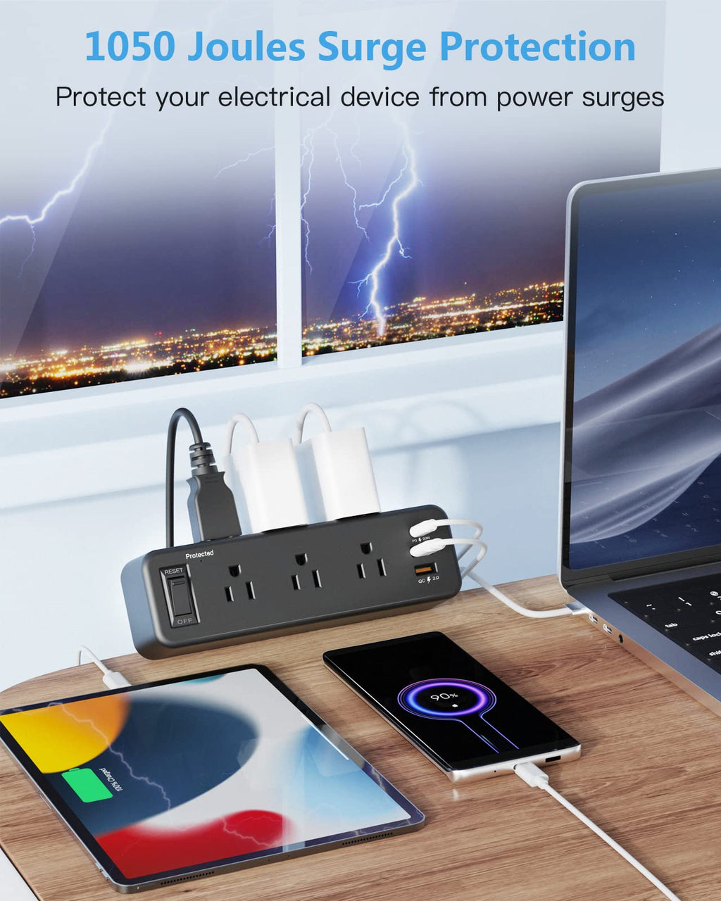 6 Outlet Desk Clamp Power Strip with USB C, Flat Plug Surge Protector, Desktop Edge Mount for 1.8 inch Tabletop Thick, Connect 6 ft Extension Cord, Table Edge Socket with Switch, Black