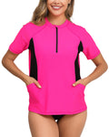 Halcurt Women's Half Zip Short Sleeve Rash Guard Top with Bra Side Pockets Swim Shirts UPF50+ Swimsuit Hot Pink Black S