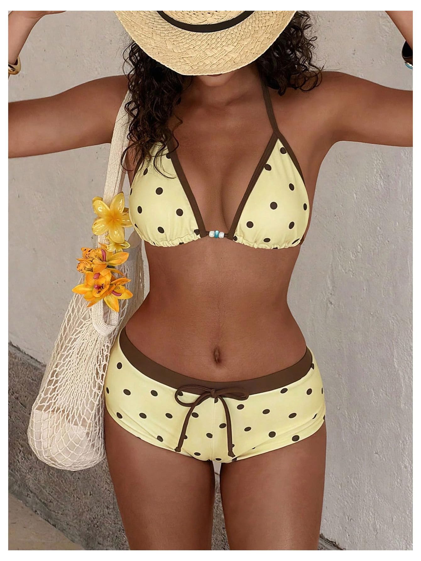 WDIRARA Women's Polka Dots 2 Piece Swimsuit Triangle Halter Bikini Set Boyshorts Bathing Suit Light Yellow Small