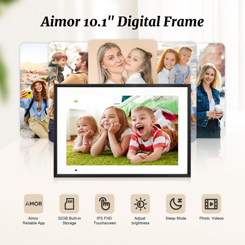 Digital Picture Frame 10.1 Inch Digital Photo Frame 32GB Storage, WiFi Picture Frame with1280x800 IPS Touch Screen, Auto-Rotate Photo Frame Share Your Photos and Videos via AiMOR App, Black