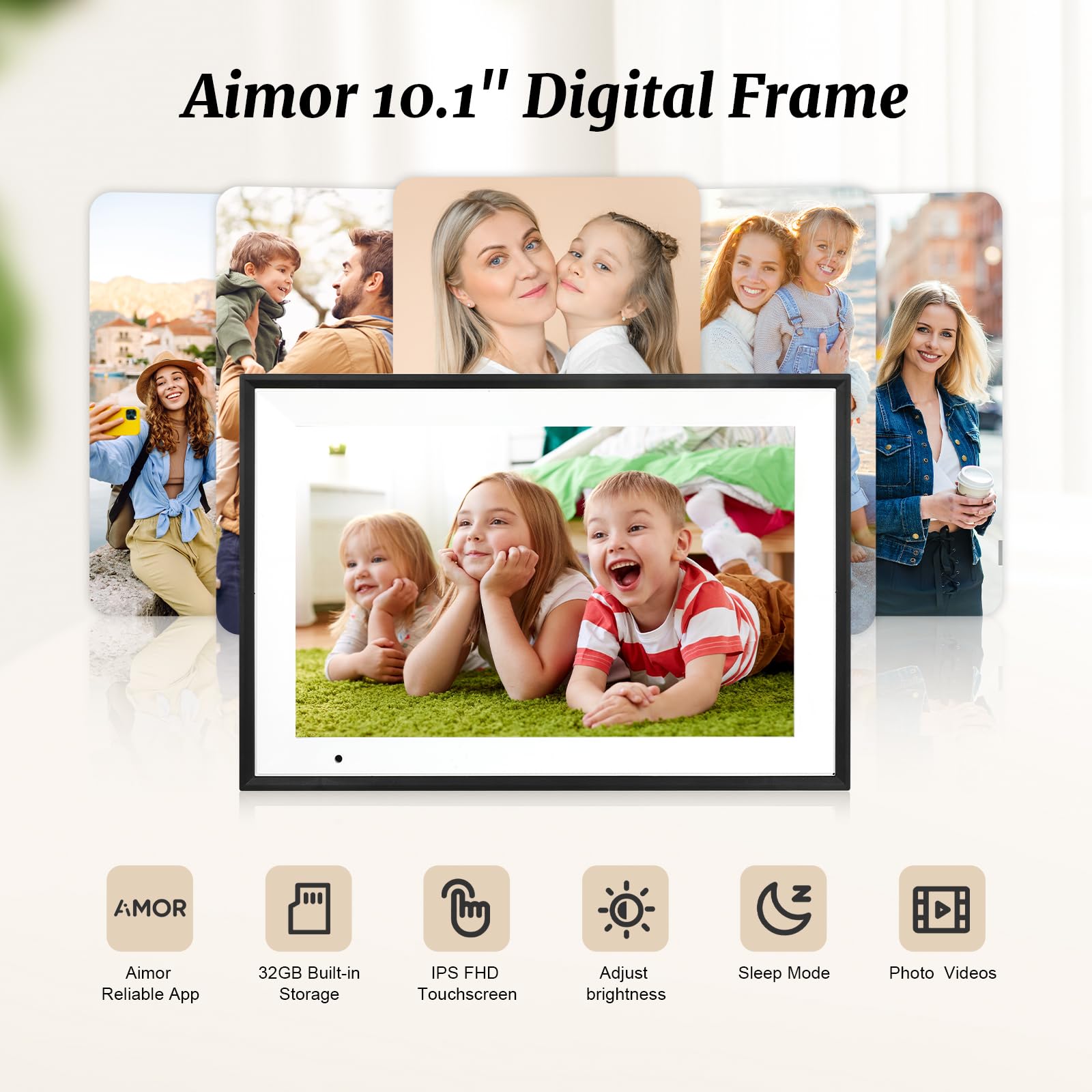 Digital Picture Frame 10.1 Inch Digital Photo Frame 32GB Storage, WiFi Picture Frame with1280x800 IPS Touch Screen, Auto-Rotate Photo Frame Share Your Photos and Videos via AiMOR App, Black