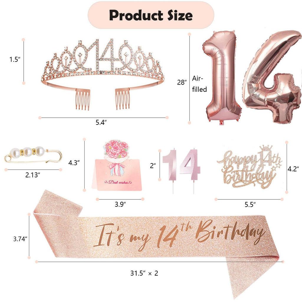 14th Birthday Decorations for Girls, 14th Birthday Sash and Crown, Cake Topper, Number Candles and Balloons, 14 Year Old Gifts for Girls
