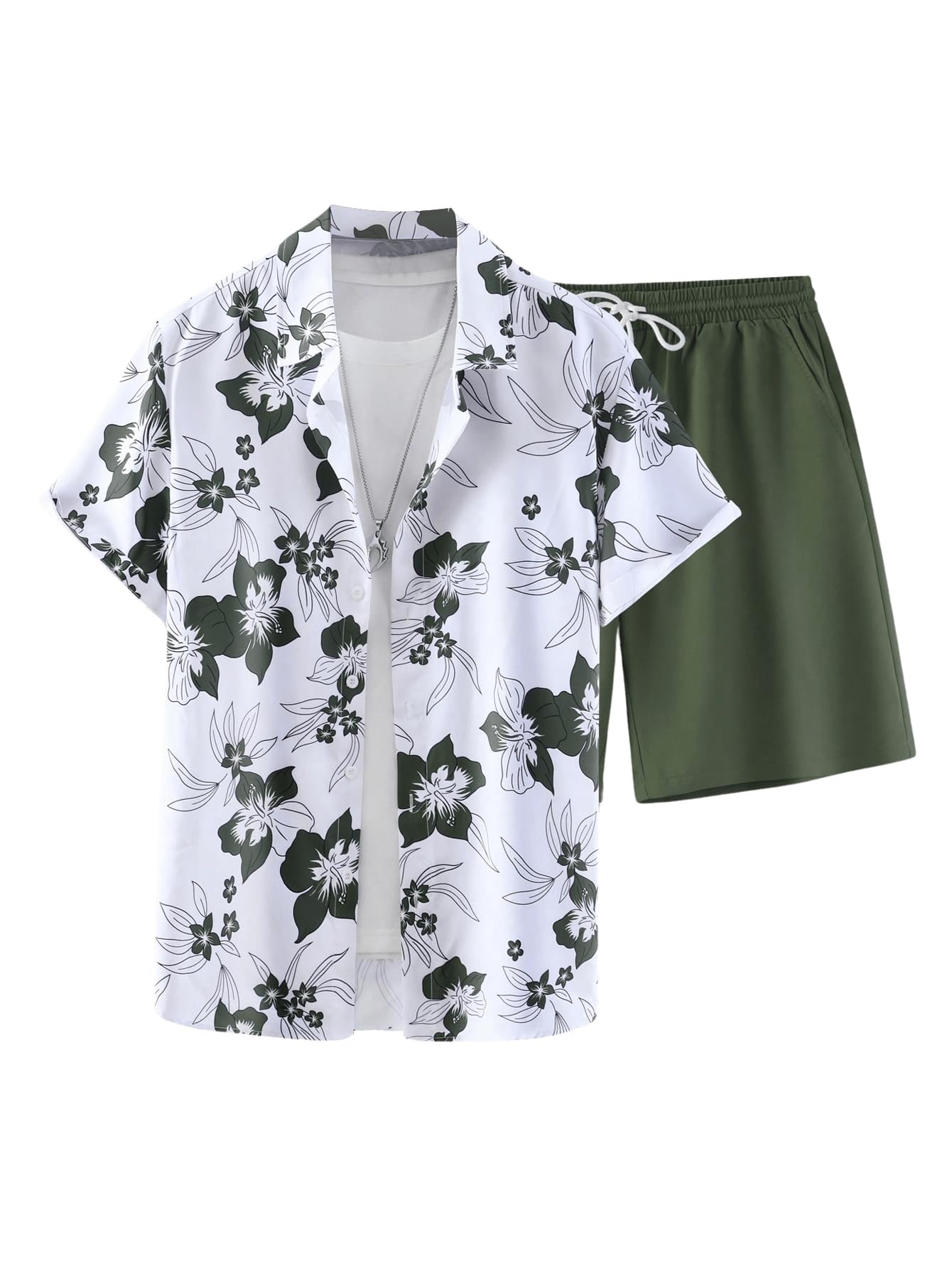 GORGLITTER Men's Vacation Beach Cruise Summer Outfits 2 Piece Shorts Set Hawaiian Button Down Shirt and Shorts Army Green X-Large