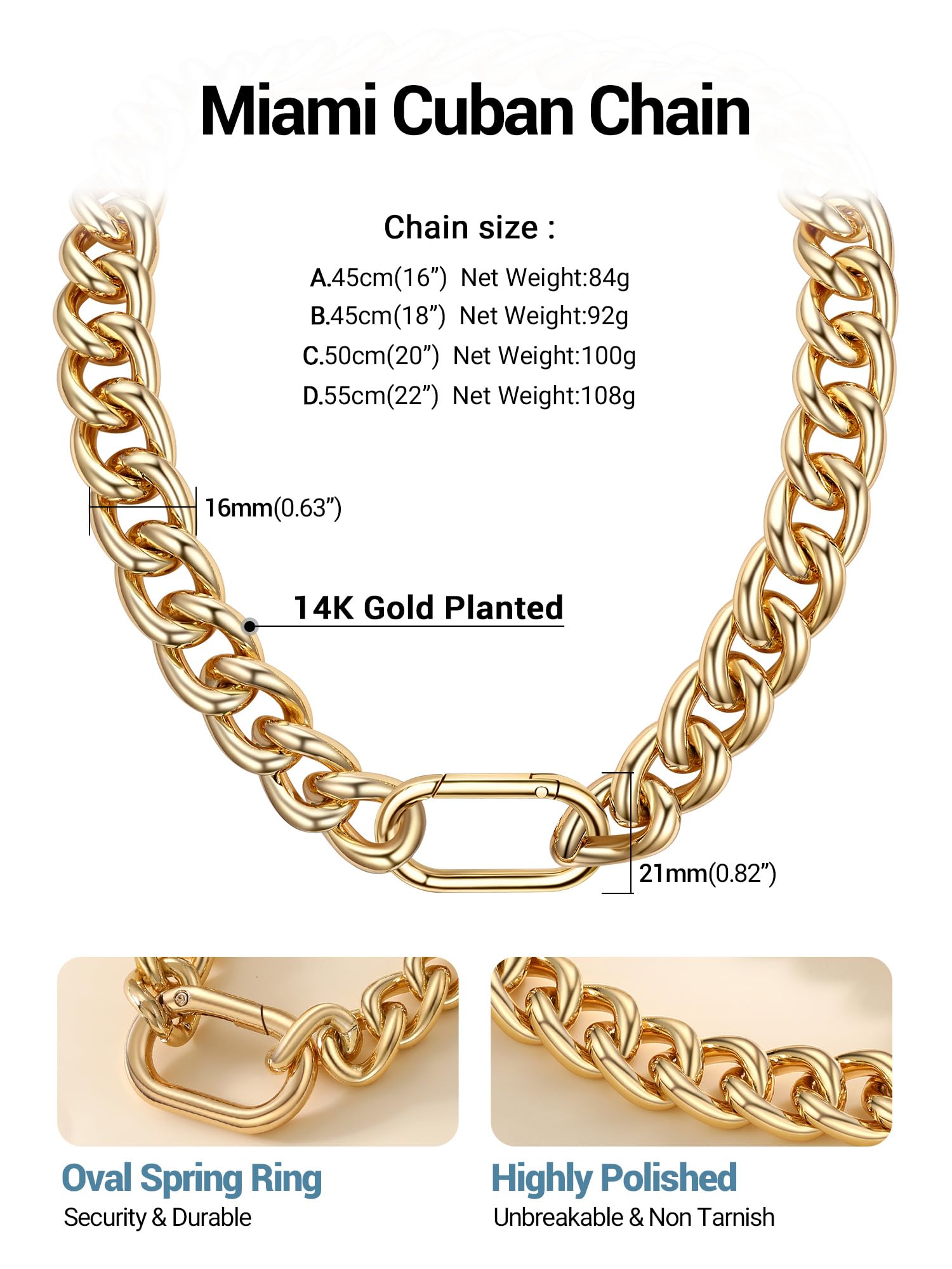 PROSTEEL Chunky Gold Necklace for Women, 14K Gold Cuban Choker with Oval Spring Ring, Fashion Lightweight Gold Chain Jewlry Gifts 16mm-16 inches
