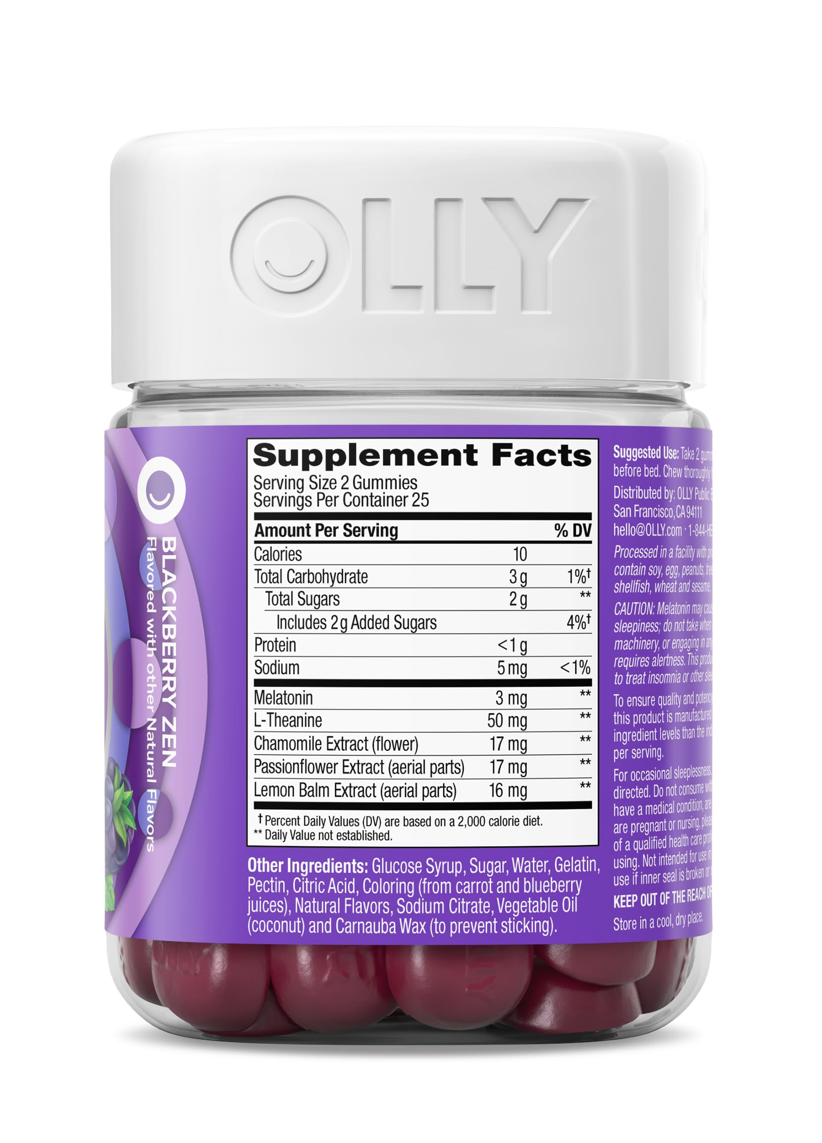 OLLY Restful Sleep Gummy Supplement with Melatonin & L-Theanine Chamomile, Blackberry Zen, 50 Gummies (25 Day Supply) Supports a Healthy Sleep Cycle* (Packaging May Vary)