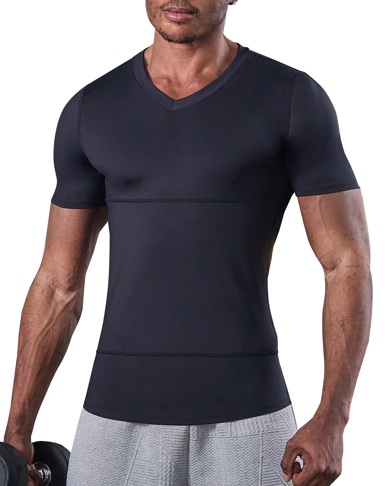 KOCLES Gynecomastia Undershirt V-Neck Chest Compression Shirt for Men Slimming Undershirt Body Shaper, Shapewear Tummy Control - Hide Gyno and Loose Skin Belly Fat (X-Large, Black)
