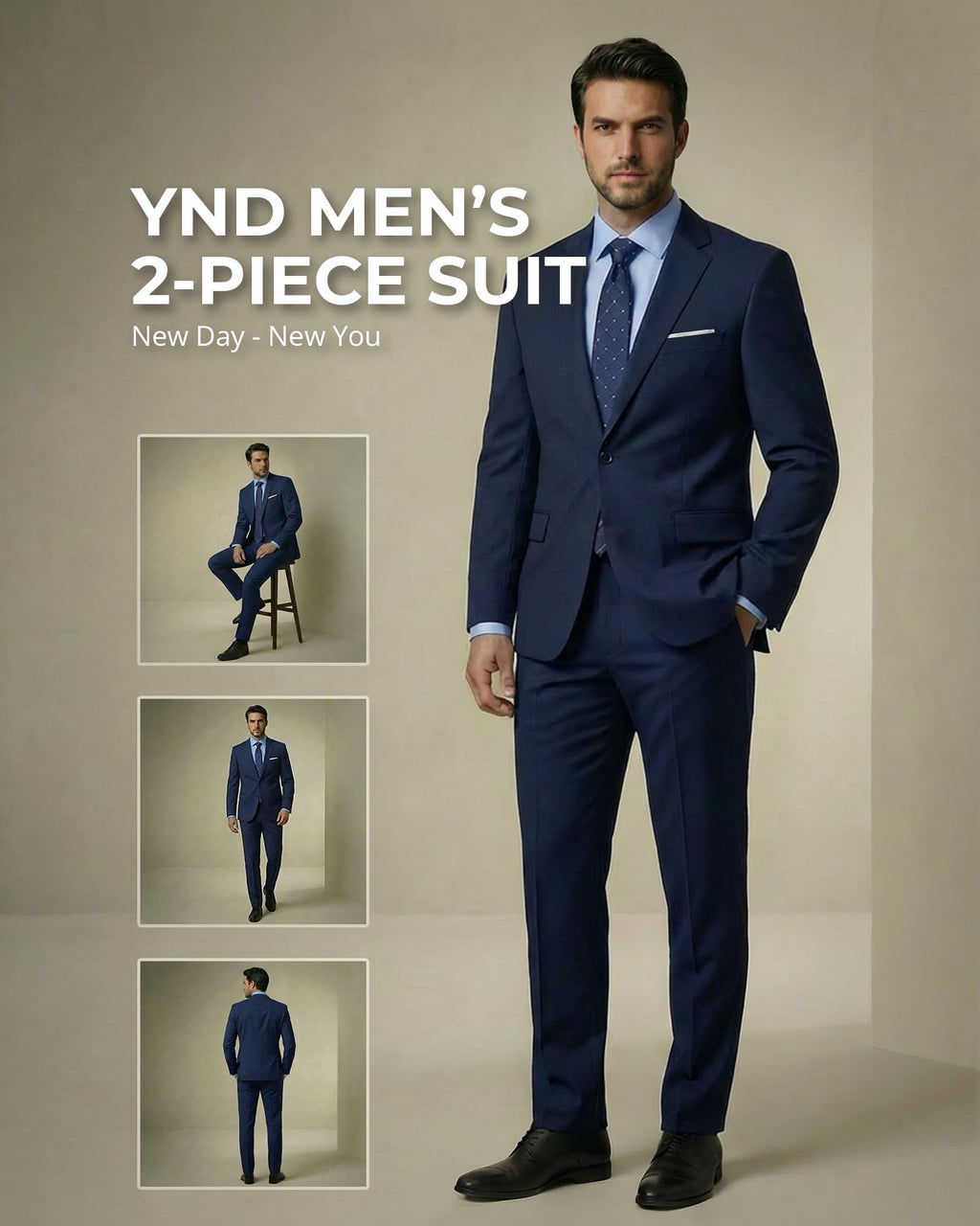 YND Men's 2 Piece Suit with Tie, One Button Slim Fit Solid Jacket and Pants Set, Suits for Men Prom Party Wedding & Business, Deep Blue