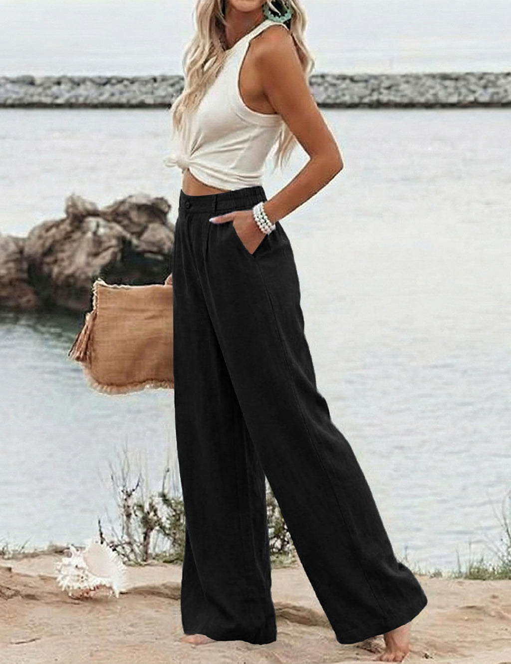 Hooever Womens Cotton Linen Pants Casual Button Up High Waisted Wide Leg Trousers(Black-Large01)