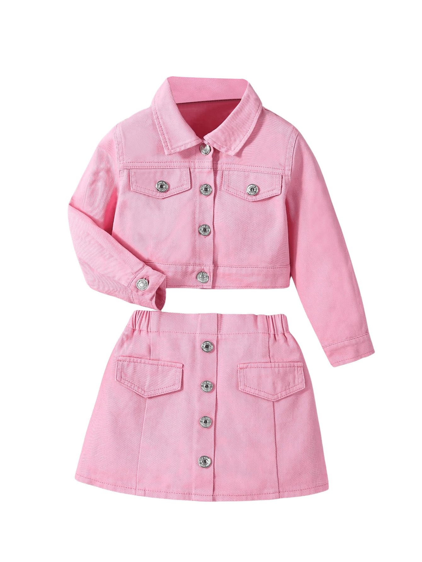 WDIRARA Girl's 2 Piece Outfits Button Front Long Sleeve Denim Jacket and A Line Skirt Set Pink 4Y