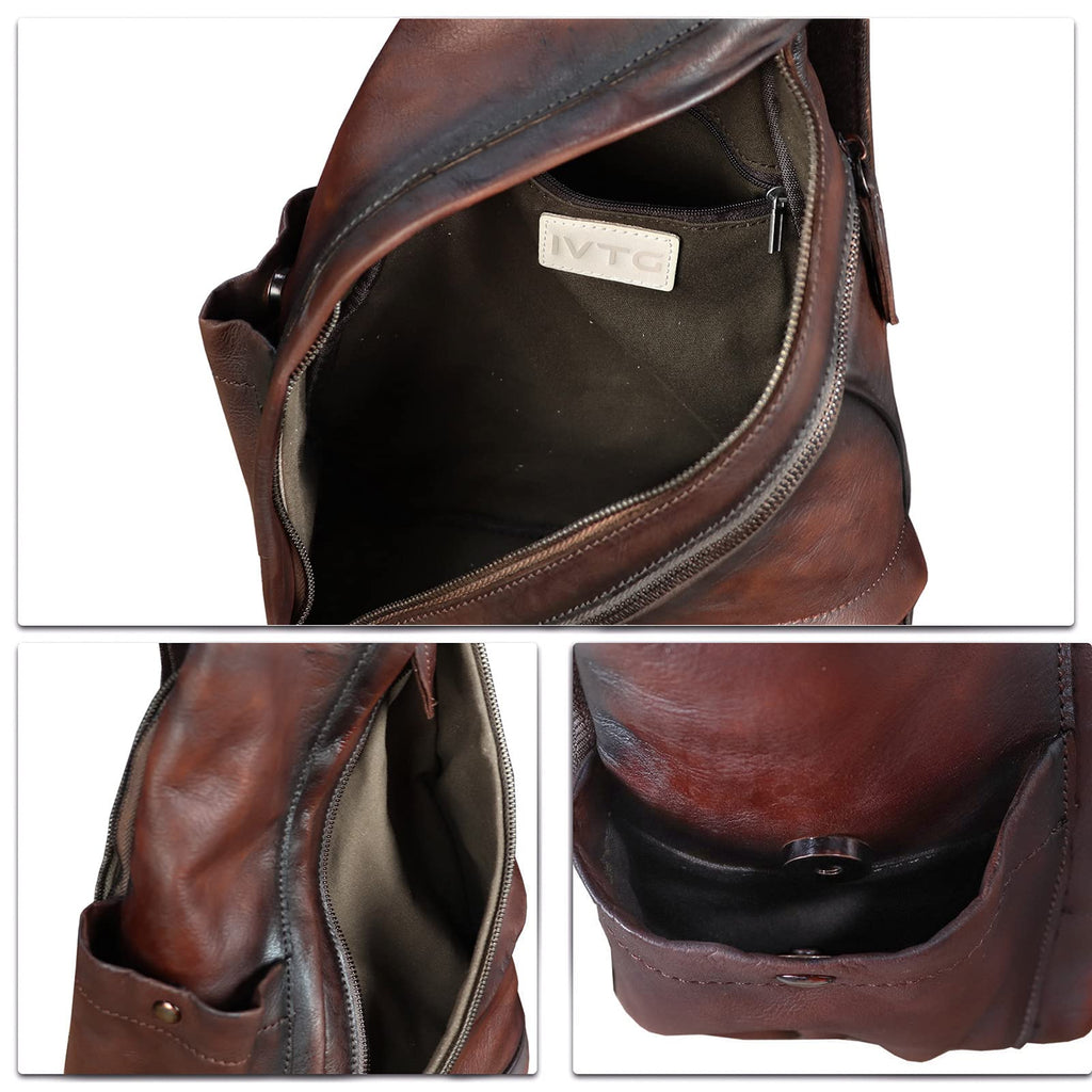 IVTG Genuine Leather Sling Bag for Men and Women Vintage Sling Backpack Shoulder Crossbody Bag Chest Bag for Ipad (LightCoffee)