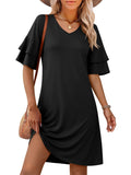 ANRABESS Womens Summer Dresses 2026 Ruffle Sleeve V Neck Casual A Line Tshirt Mini Dress Beach Vacation Clothes with Pockets Black