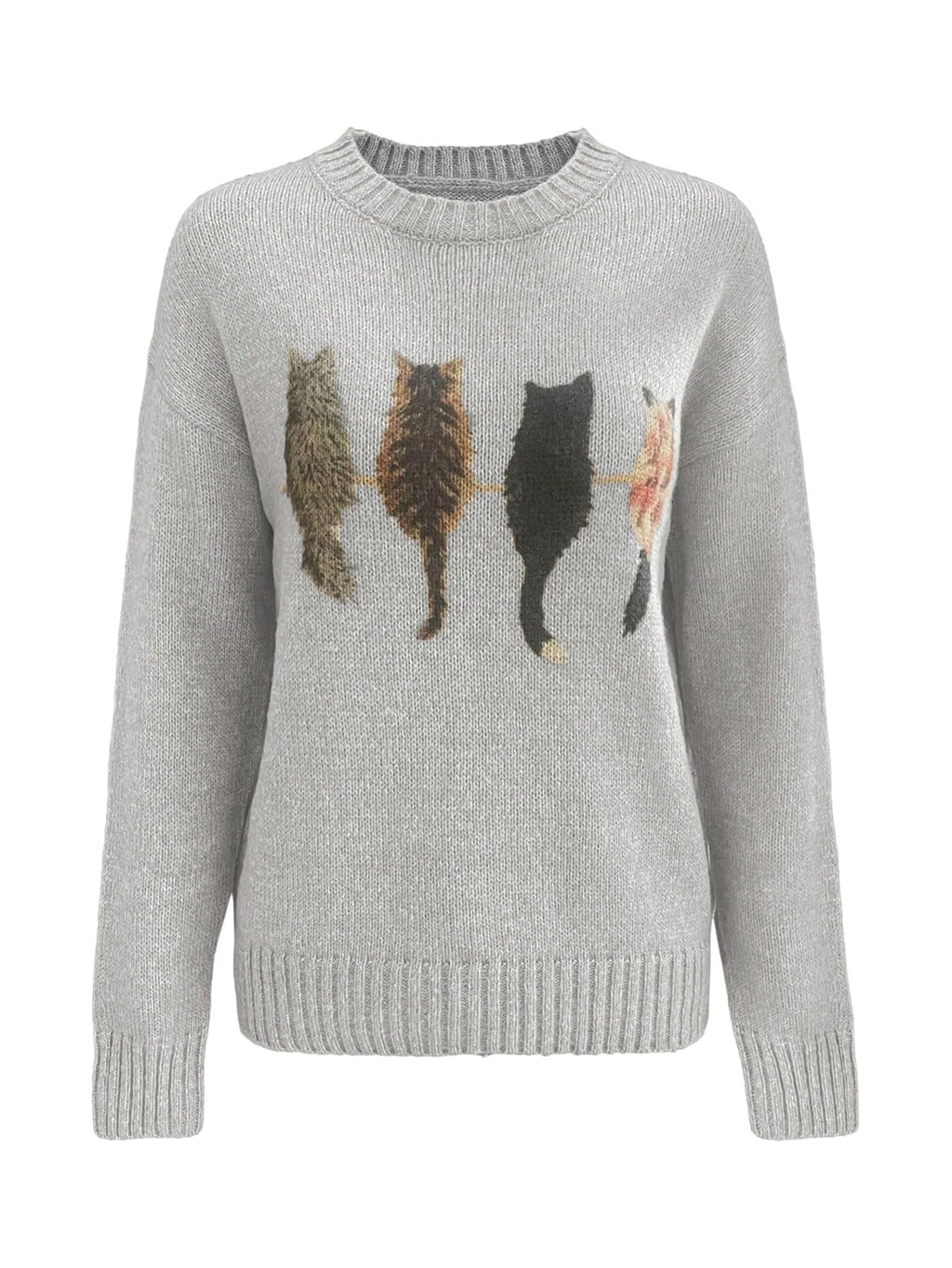 WDIRARA Women's Cat Graphic Sweater Long Sleeve Crew Neck Knit Tops Casual Knitwear Grey Small