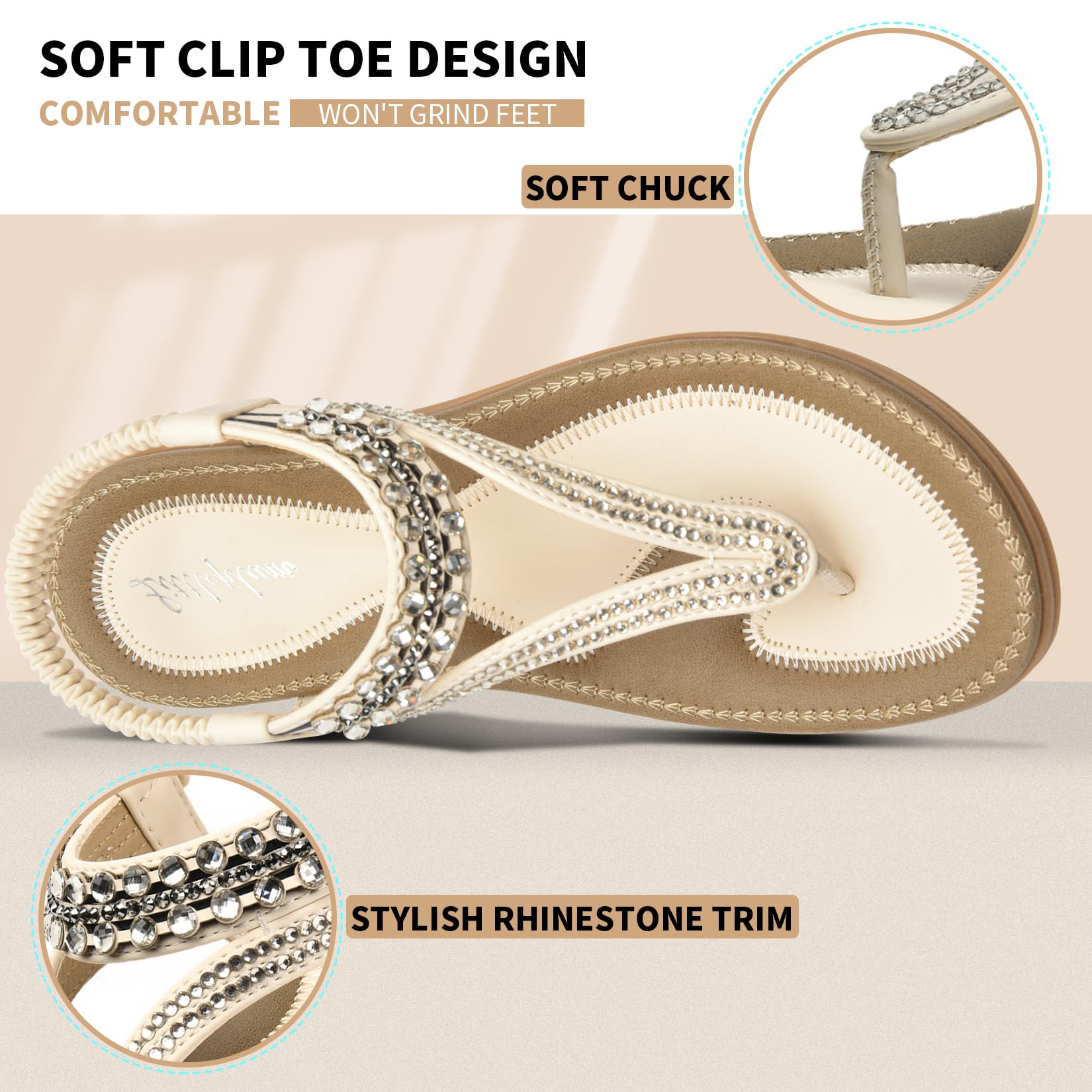 Littleplum Womens Sandals Arch Support Slingback Rhinestone Dressy Sandals Comfort Summer Shoes Ankle Strap Elastic Flats for Beach Walking Elegant White Size 8.5