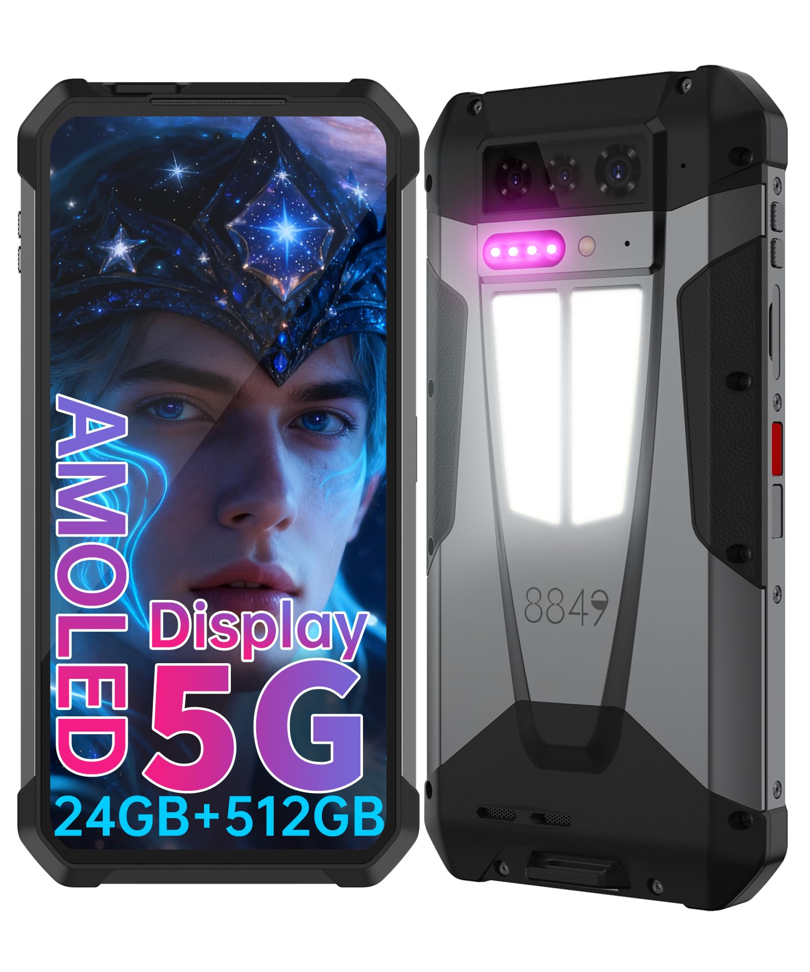 8849 Tank 4 Rugged Smartphone Unlocked, 5G Android 14 Mobile Phones with 100 Lumens Projector, 6.78’’ AMOLED Screen Waterproof Rugged Phone 512GB, 24GB RAM/1200LM Camping Light/OTG/11600mAh(66W)/GPS