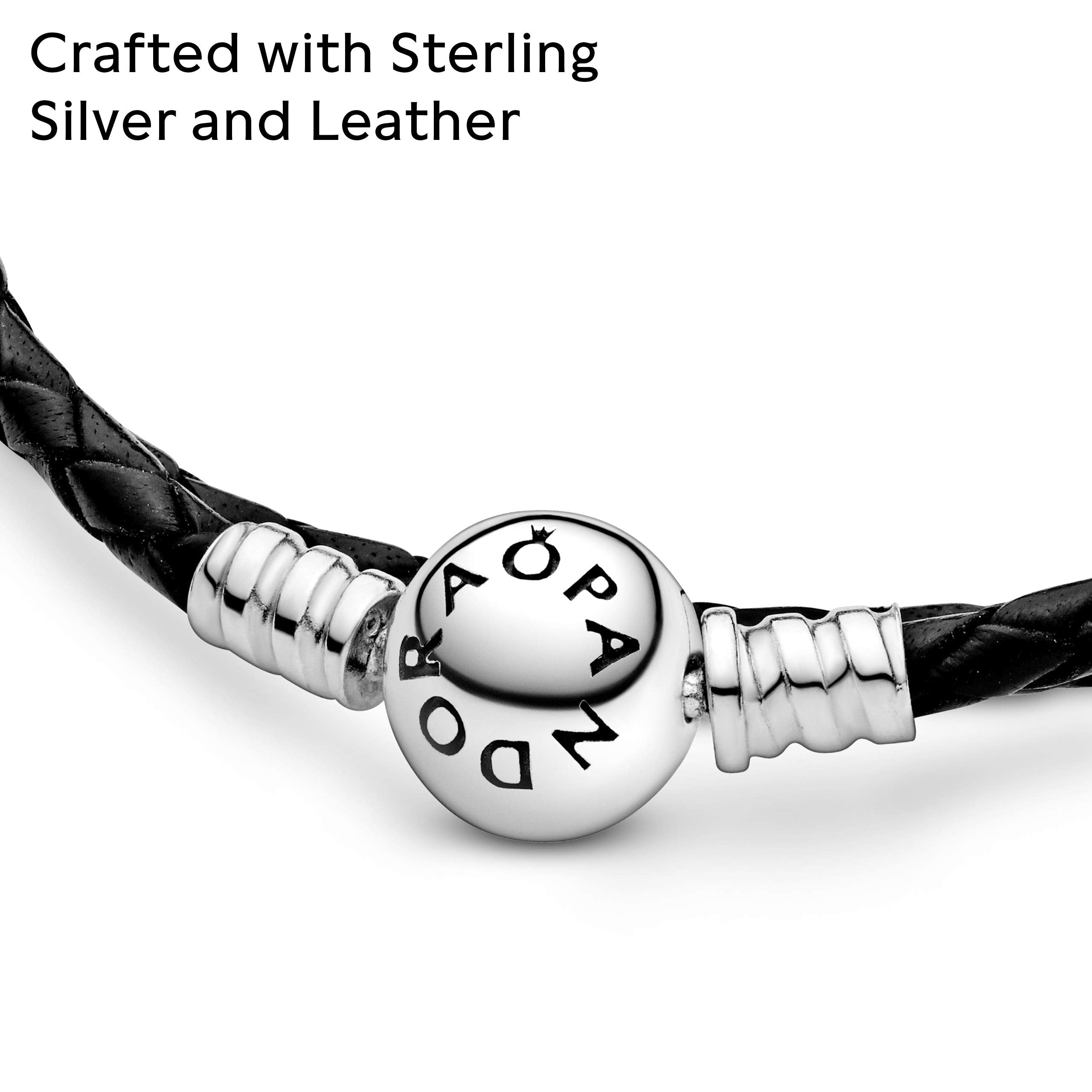PANDORA Moments Double Woven Leather Bracelet with Sterling Silver Clasp - Compatible Moments Charms - Charm Bracelet for Women - Gift for Her - Black, 15.0"