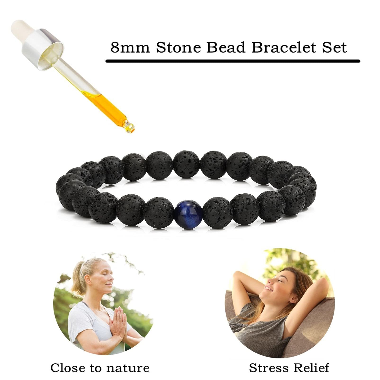 MengPa Mens Beaded Bracelets Couples Matching Bracelet Set Lava Rock Beads for Women Stone Jewelry(Tiger Eye-Blue) US4163T