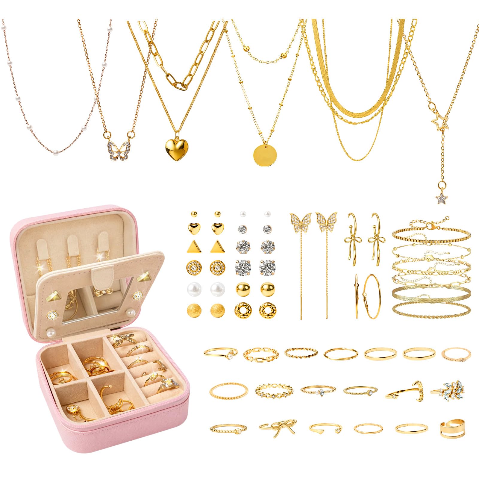 SMUOBT Jewelry Box with Jewelry Set for Women Men - Multi-Layer Organizer Storage Case with Mirror, Necklace Bracelet Hoop/Stud Earrings Rings Gift Set for Her Him, Unique Birthday Party Gift