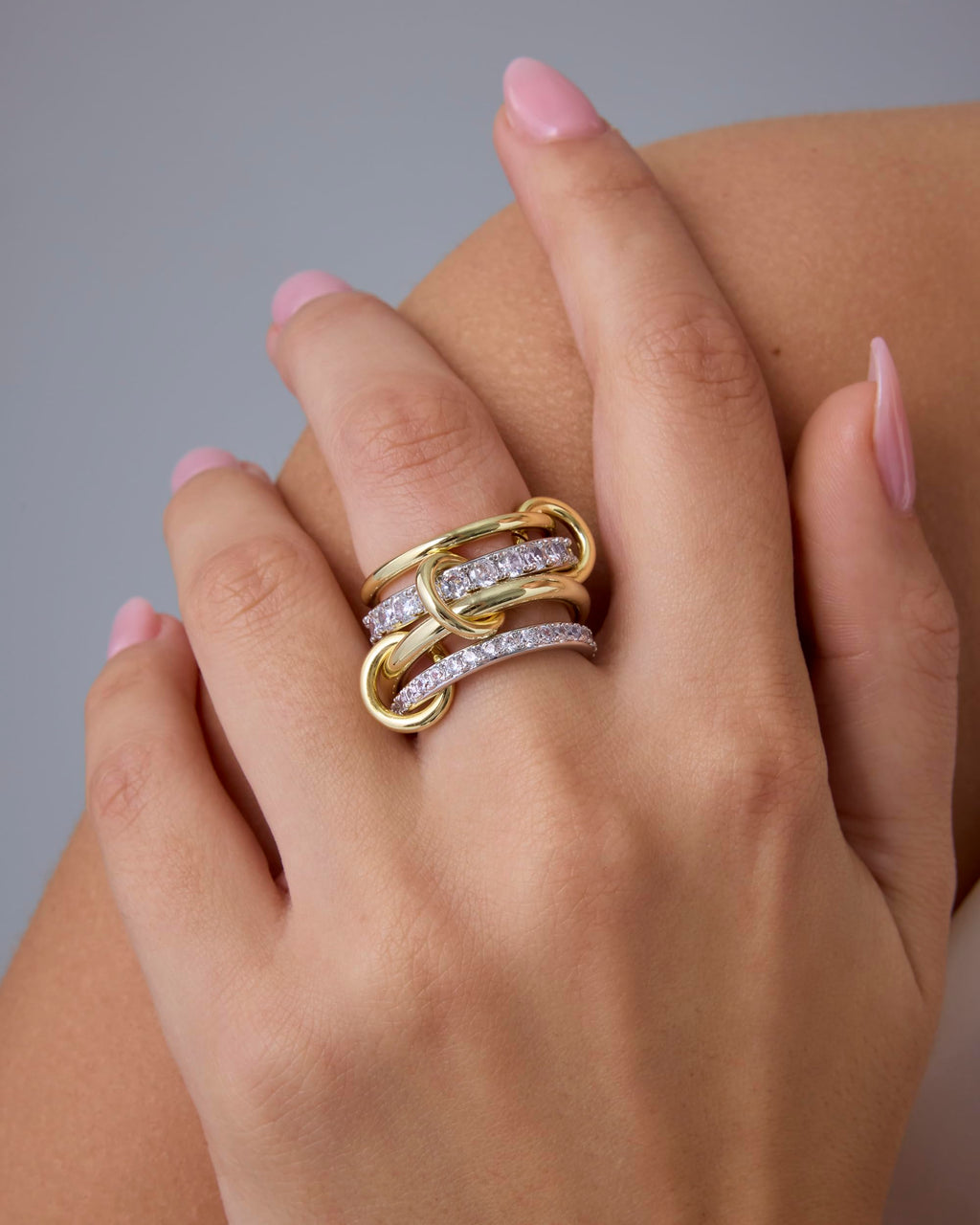 PAVOI 14K Gold Plated Mixed Metal Two Tone Stackable Ring for Women | Double Band Cubic Zirconia Interlocking Stackable Ring | Size 6